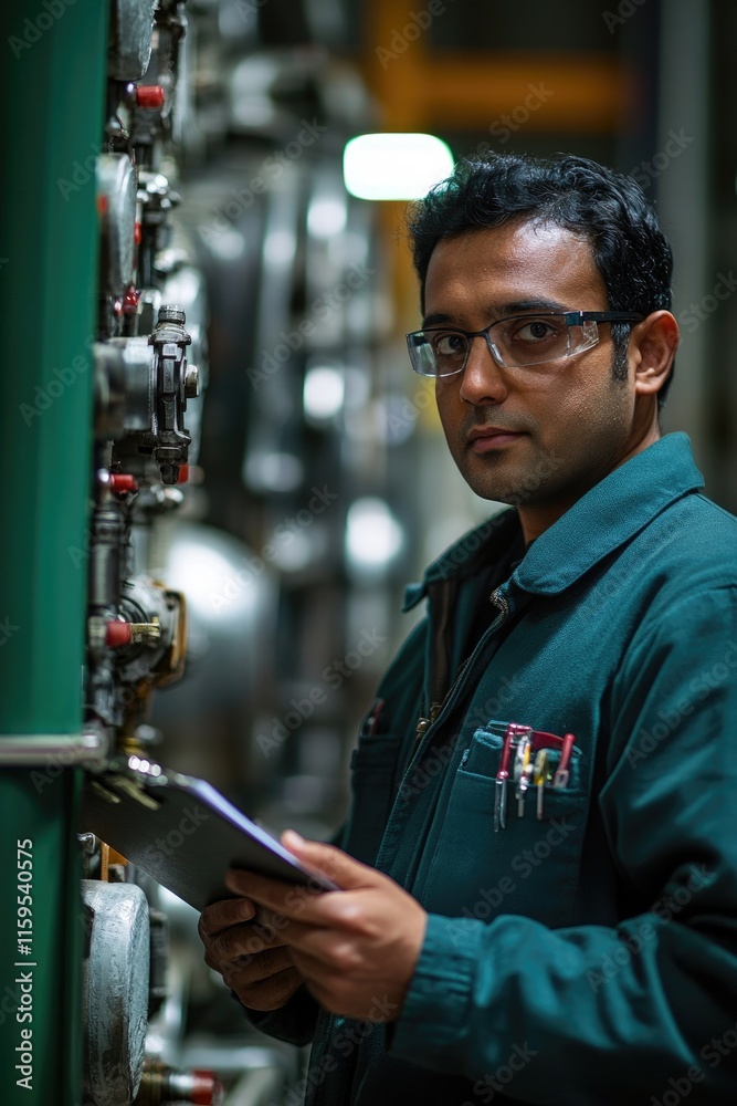 Aufkleber industrial engineer inspecting machinery and taking notes in factory