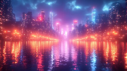 Fototapeta premium Sunset reflections shimmer on the river with glowing towers and cityscape background image