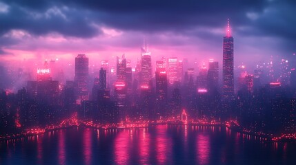 Obraz premium Tower landmarks stand against the cityscape glowing at sunset with reflections background image
