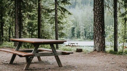 Ruhige Picknick-Umgebung im Sommerwald mit Holztisch