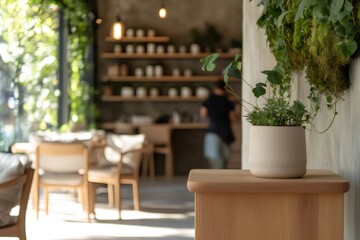 Fototapeta premium Green luxury spa reception area with potted plants and natural light