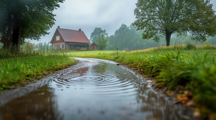 Obraz premium Idyllic farm next to a dirt road, gentle rain falling, water drops creating ripples in a puddle, serene countryside generative ai