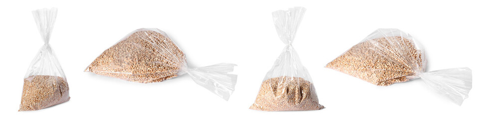 Plastic bag with wheat grains isolated on white, collage