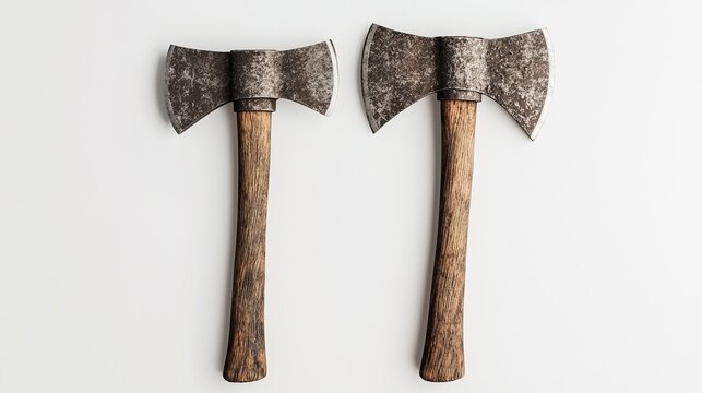 Two vintage axes with ornate metal blades and wooden handles, displayed symmetrically on a light background.