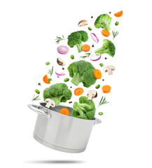 Vegetables for soup and pot in air on white background