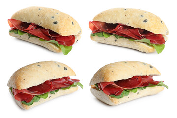 Sandwich with bresaola isolated on white, collage