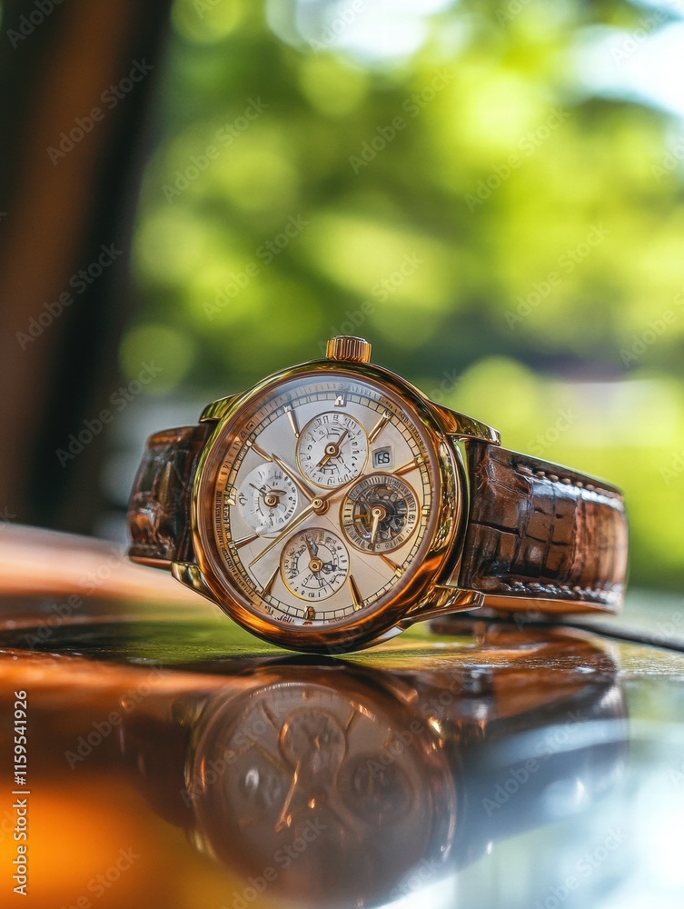 Poster luxury golden frame wristwatch resting on a polished surface with a blurred green background in dayl
