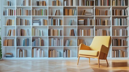 Modern minimalist home library with minimal decor. Featuring clean lines and an efficient layout