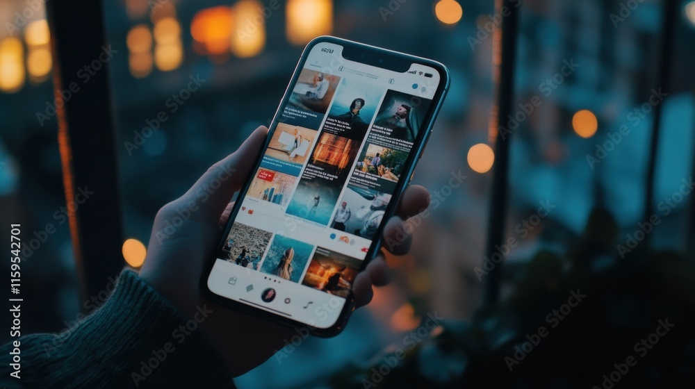 Poster Exploring news feed updates on a smartphone while enjoying a city view at dusk. Generative AI