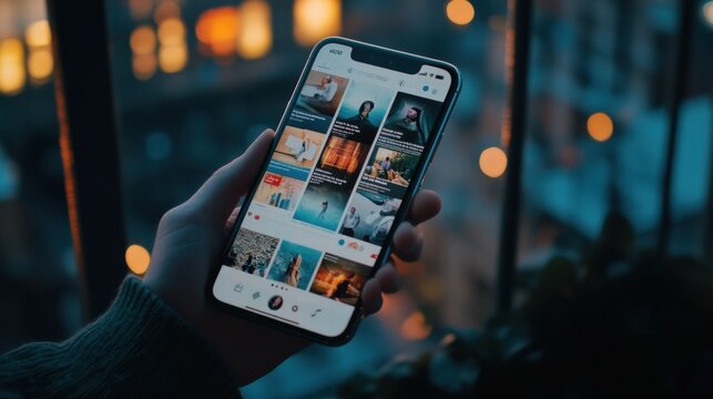 Exploring news feed updates on a smartphone while enjoying a city view at dusk. Generative AI