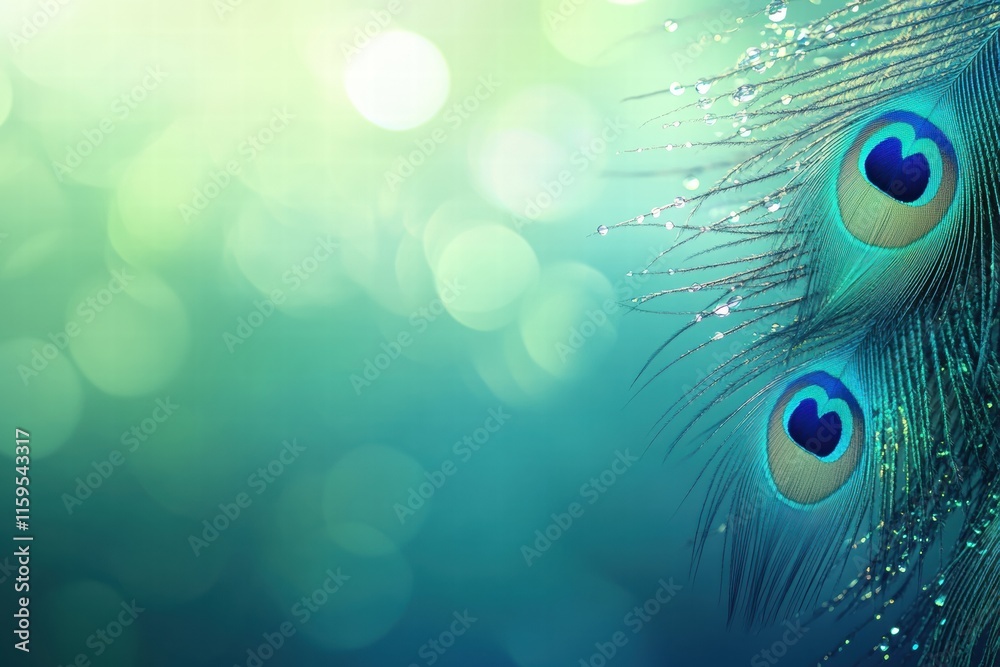 Poster Close up view of a peacock feather adorned with dew drops showcasing vibrant colors and beautiful patterns. Generative AI