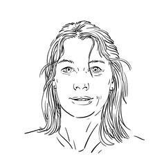 Female portrait sketch by hand with black lines on white background, Head of a adult woman looking straight with a slightly open mouth, Hand drawn vector illustration