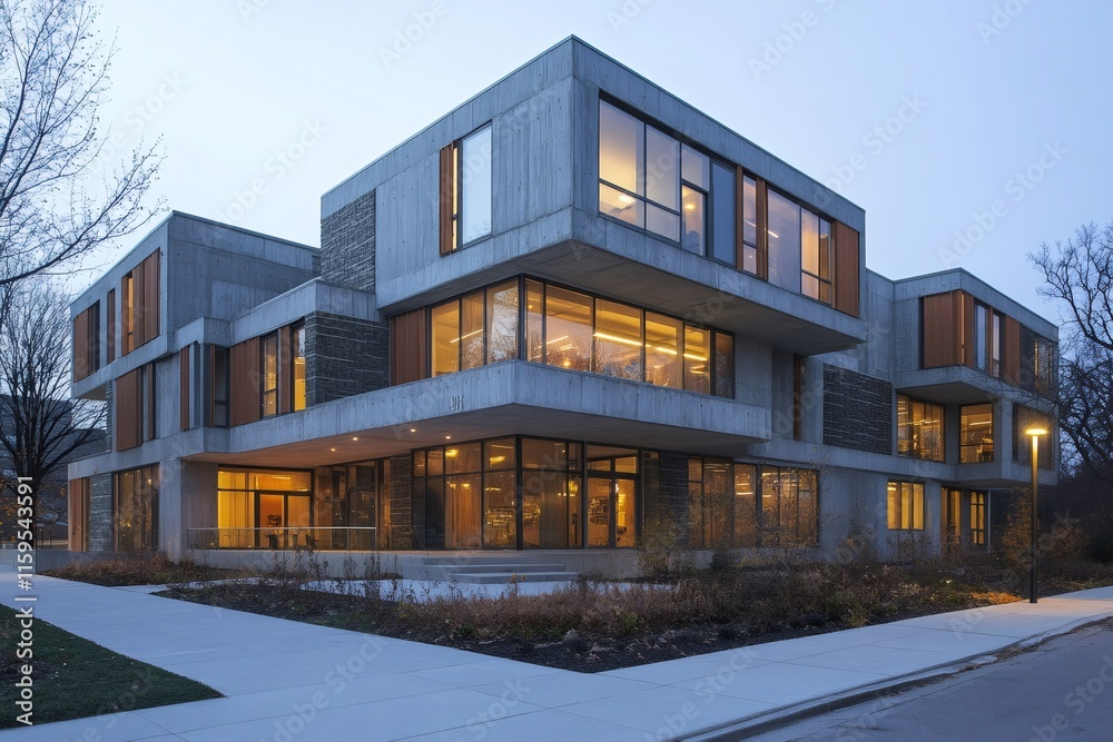 Poster modern concrete building with large windows glowing at dusk