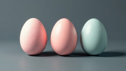 Three pastel colored eggs are lined up against a plain gray background. Concept of: minimalist Easter.
