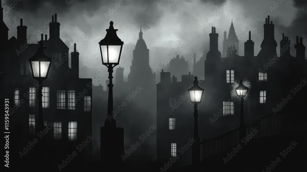 Poster dark cityscape at night with few illuminated windows in a silhouetted urban environment. generative 