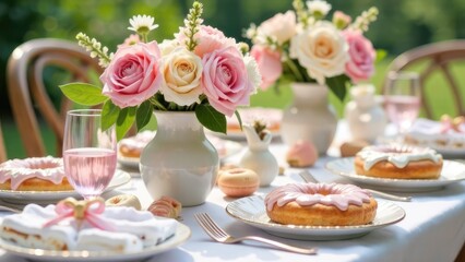 Fototapeta premium An elegant outdoor table setting features pink and white flowers, delicate pastries, and rose-colored drinks, creating a charming scene. Concept of pretty party.