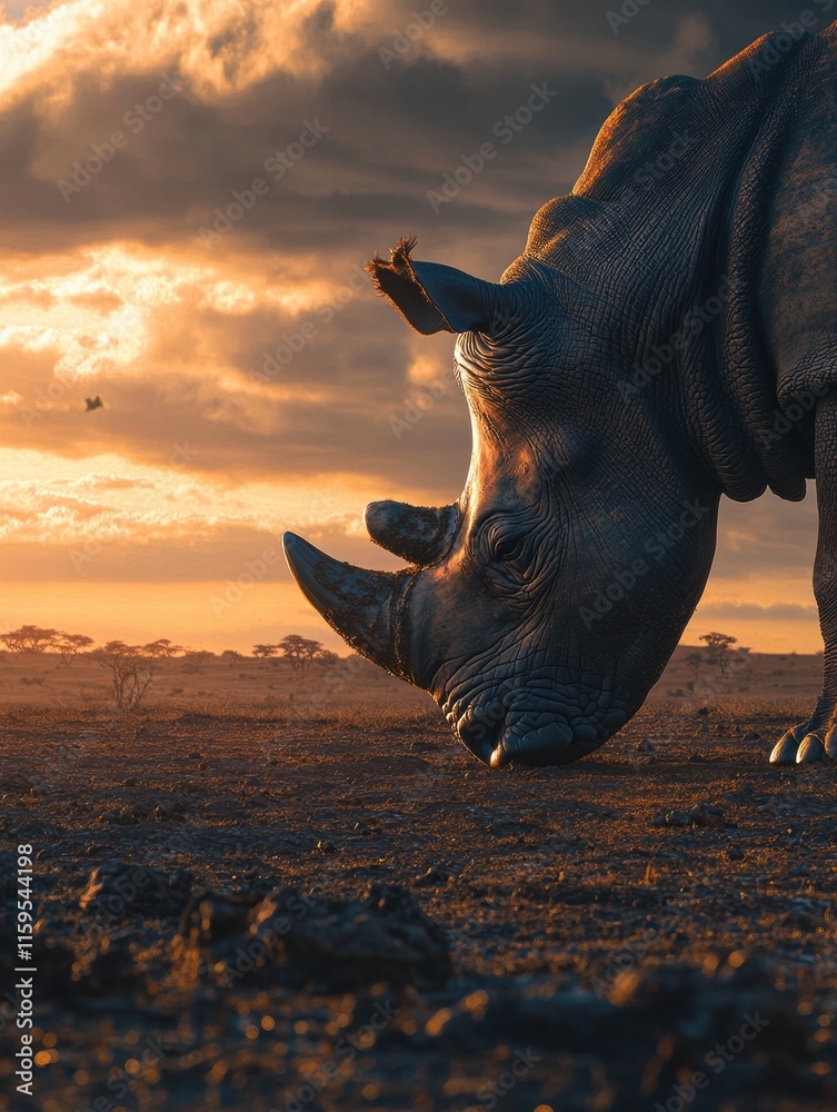 Aufkleber rhino foraging in a barren savanna at sunset with dramatic clouds in the background and ample space 