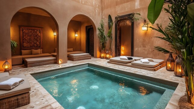 Tranquil moroccan riad courtyard with inviting pool and relaxation area