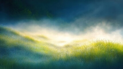 Obraz premium A serene landscape featuring rolling hills illuminated by soft light, creating a tranquil atmosphere with a blend of blues and greens.
