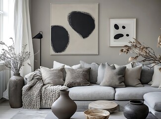 Scandinavian modern living room with a soft gray couch, neutral tones in the decor, and elegant personal accessories such as a vase, throw blankets, 
