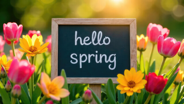  A small chalkboard with "hello spring" written on it is surrounded by colorful tulips and other flowers, set against a bright, blurred background. Concept of spring greetings and nature's awakening