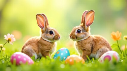 Fototapeta premium Two adorable bunnies sit facing each other amidst colorful Easter eggs in a grassy field. Concept of Easter celebration.