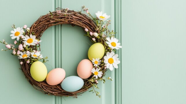 Fr&uuml;hlings-Eierkranz zum Aufh&auml;ngen an der T&uuml;r als Osterdekoration und saisonale Festlichkeit