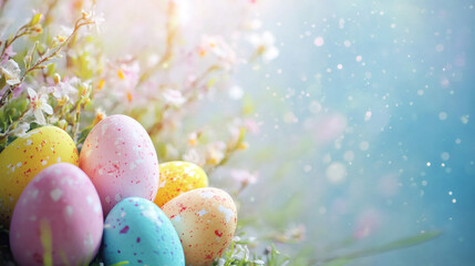Delicate spring blossoms and pastel easter eggs create a sense of joy and renewal