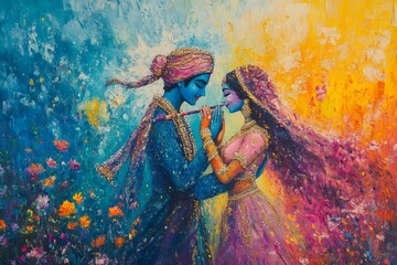 Fototapeta premium Radha and krishna dancing together in a colorful meadow, playing the flute