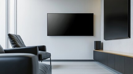 Modern minimalist home theater with minimal decor. Featuring clean lines and a chic design