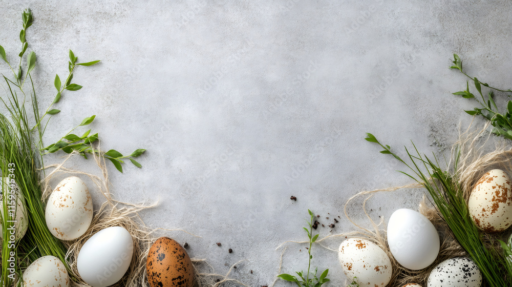 Aufkleber festive easter border with eggs, grass, and twigs on a grey background with space for text in the ce