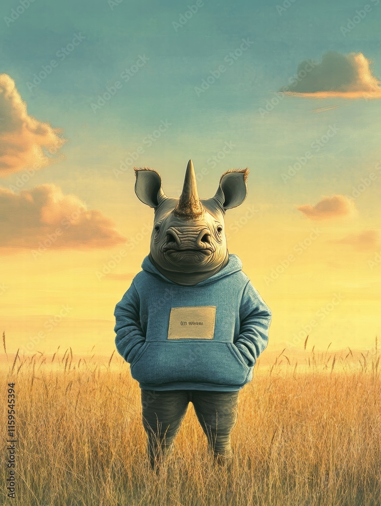 Poster Close up of a rhino in a barren savanna with space for text in a tranquil sunset setting. Generative AI