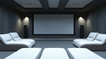 Modern minimalist home theater with minimal decor. Featuring clean lines and a sleek design