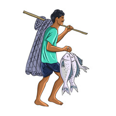 Asian Bangladeshi Farming concept. Beautiful nature rural village and happy farmer. Artwork illustration farmers work.