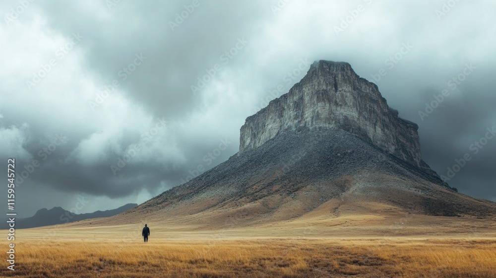 Poster loneliness at the foot of a towering mountain under a cloudy sky in a vast landscape. generative ai