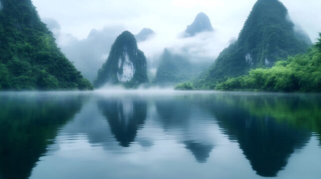 Fog is covering the li river and karst mountains of yangshuo in china