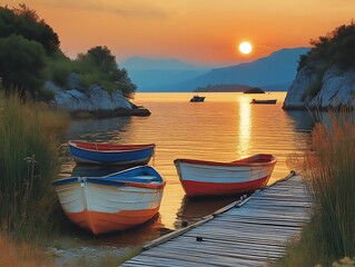 Fototapeta premium Sunset Serenity Boats Docked Lakeside Mountain View