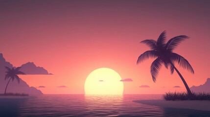 Ruhiger Sonnenuntergang auf der Insel mit Palmen und leuchtendem Himmel für eine ruhige Atmosphäre