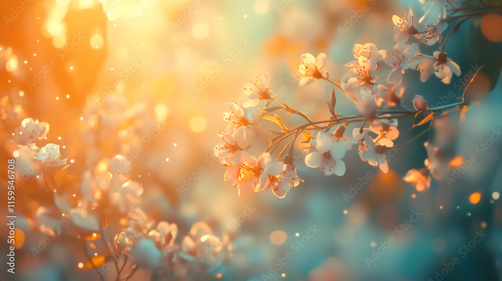 Poster Gorgeous cherry blossom branch softly swaying in warm sunlight, creating a whimsical bokeh effect, ideal for easter or spring imagery