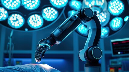 A robotic arm is poised over a surgical table, illuminated by bright surgical lights, representing advanced technology in modern medicine.