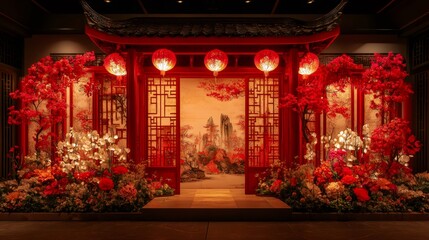 Red lanterns illuminating traditional chinese new year gate decorated with flowers