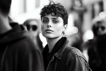 Fototapeta premium A portrait of a confident individual in a busy urban setting, capturing the essence of modern city life and personal expression in black and white.