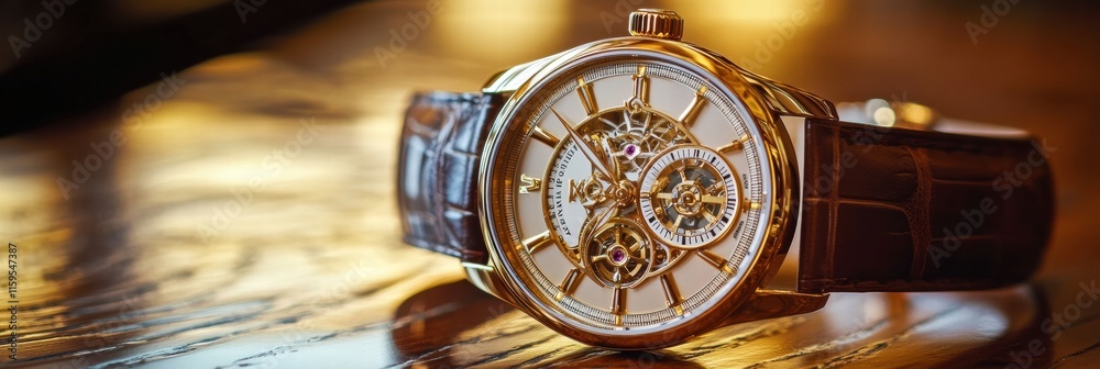 Poster luxury wristwatch with golden frame showcasing intricate design on wooden table. generative ai