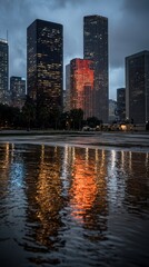 Obraz premium Glowing city skyline reflections urban landscape evening ambiance wideangle view nighttime cityscape
