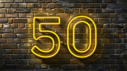 Illuminated neon sign of the number fifty against a dark background, symbolizing half a century