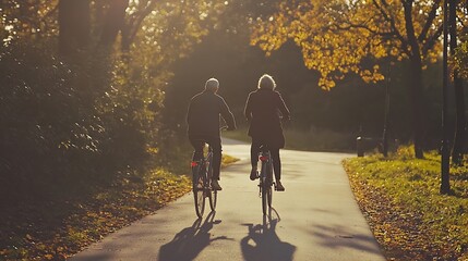 A retired couple enjoying a bike ride on a sunny afternoon, soft light casting shadows on the paved trail, the atmosphere full of energy and joy, a sense of physical well-being and outdoor enjoyment