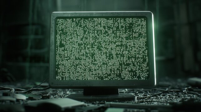 Retro-Computerbildschirm mit leuchtendem Digitalcode in dunklem Ambiente