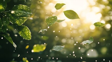 Loose green leaves floating gently in the air with shiny water drops, sunlit background generative ai
