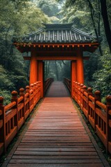 Obraz premium Red wooden bridge leading to gateway in lush green forest