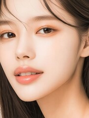 Fototapeta premium Asian woman closeup with luminous skin in soft diffused light portrait beauty studio environment